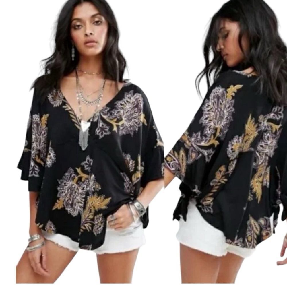 FREE PEOPLE Women's Maui Wowie Paisley Side Tie Blouse Black Size Small